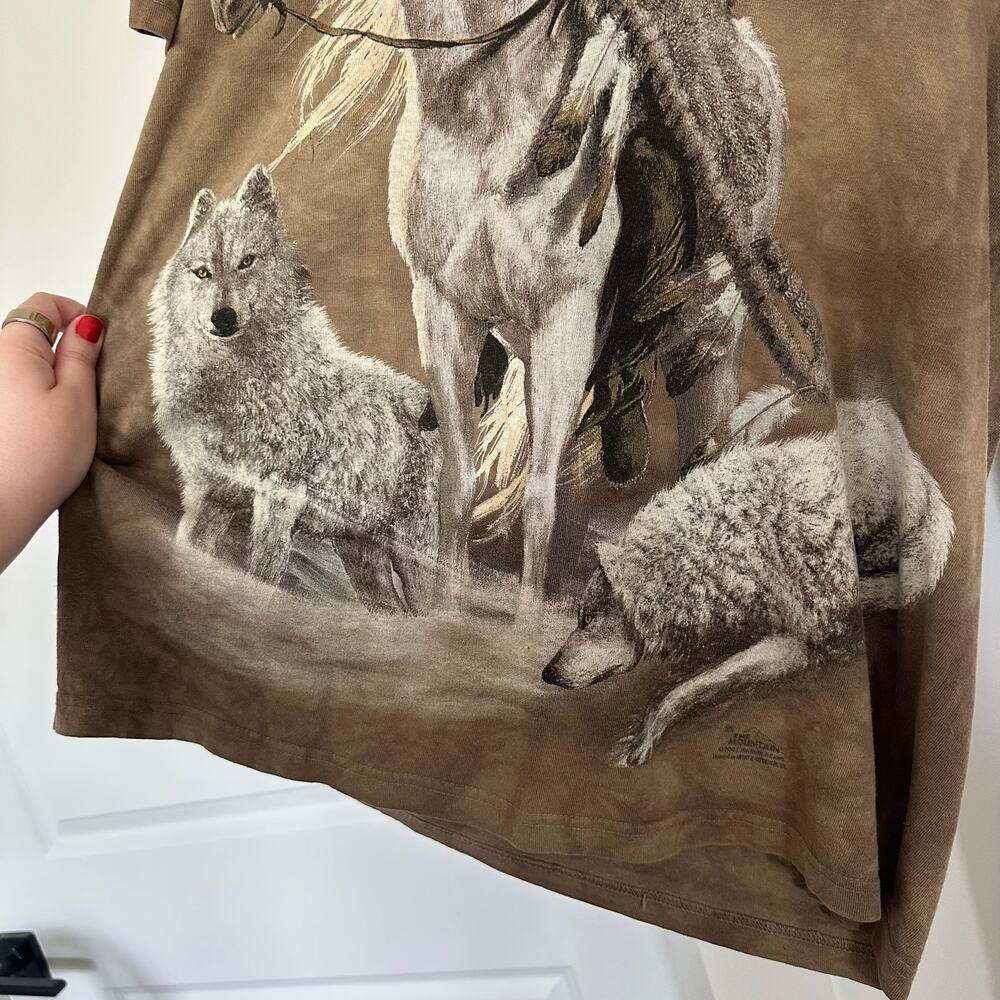 Vintage Y2K The Mountain M Native American Indian Wolf Horse Brown Dyed T-Shirt - Picture 5 of 6